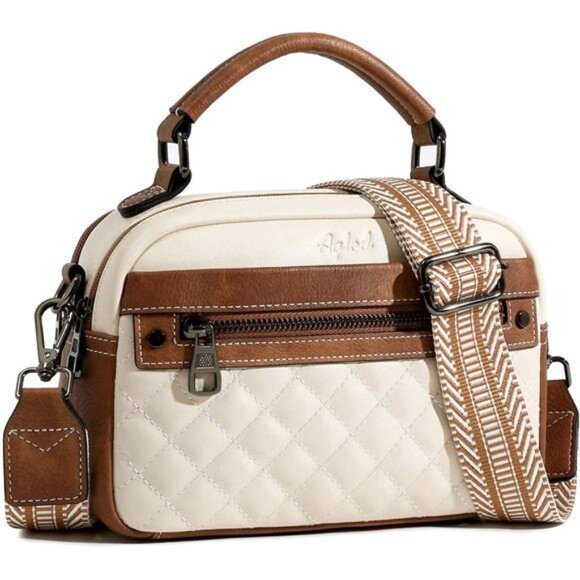 Crossbody Bags Vegan Leather with Wide Strap Beige Brown - Picture 1 of 6